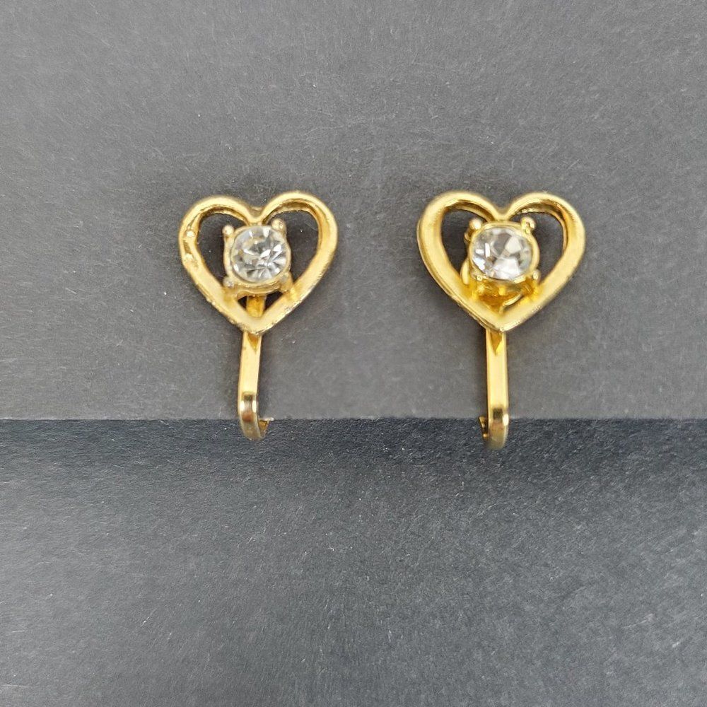 Vintage Heart Gold Tone Clear Crystal Rhinestone Clip On‎ Earrings Romantic Vtg